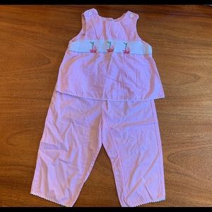 Pink and white stripped smocked set